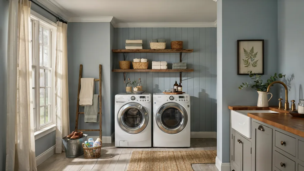Laundry room painted in Parma Gray blue-gray shade