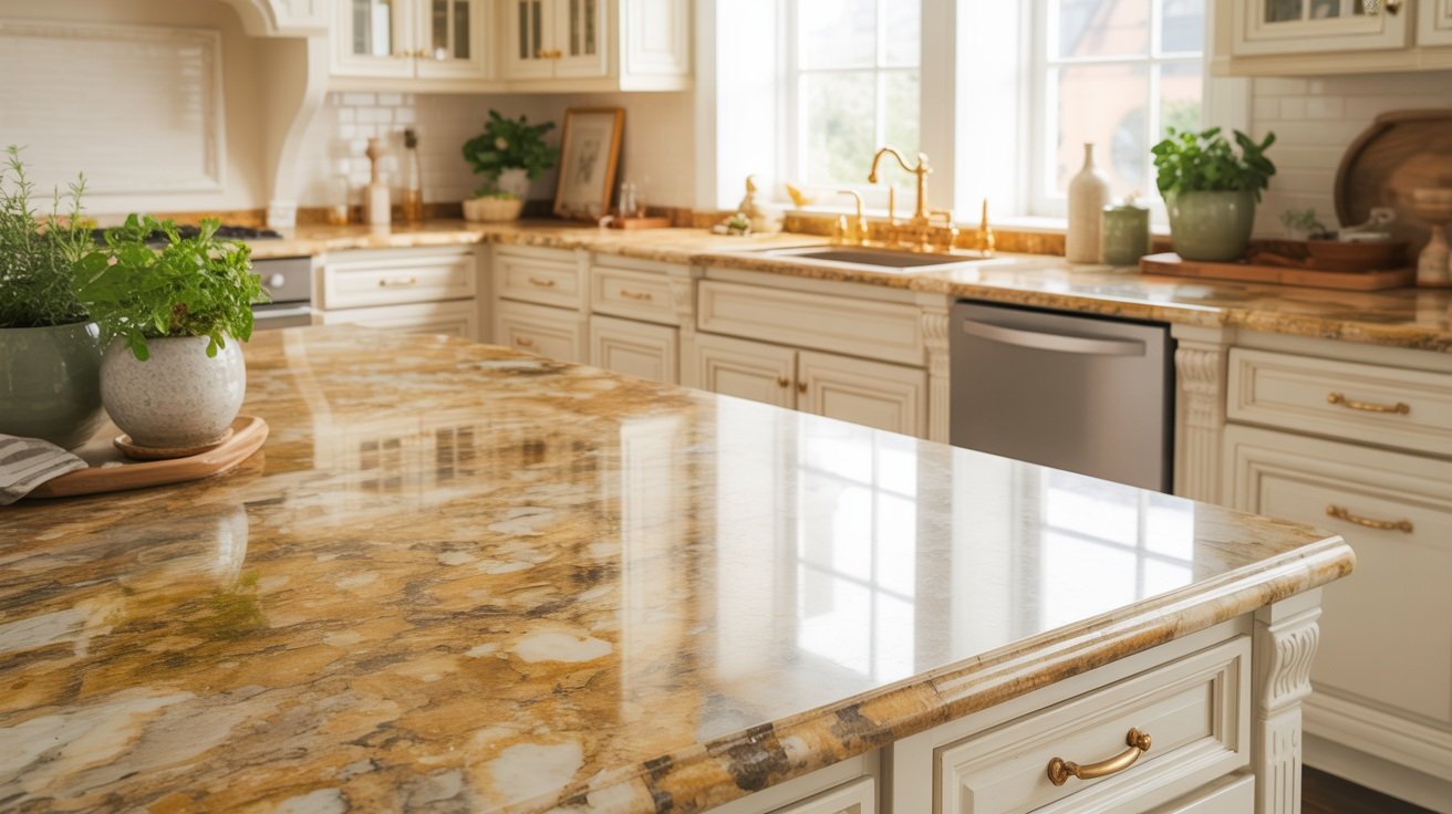 Kitchen with Venetian Gold granite countertops paired with warm white cabinets and soft neutral accents.