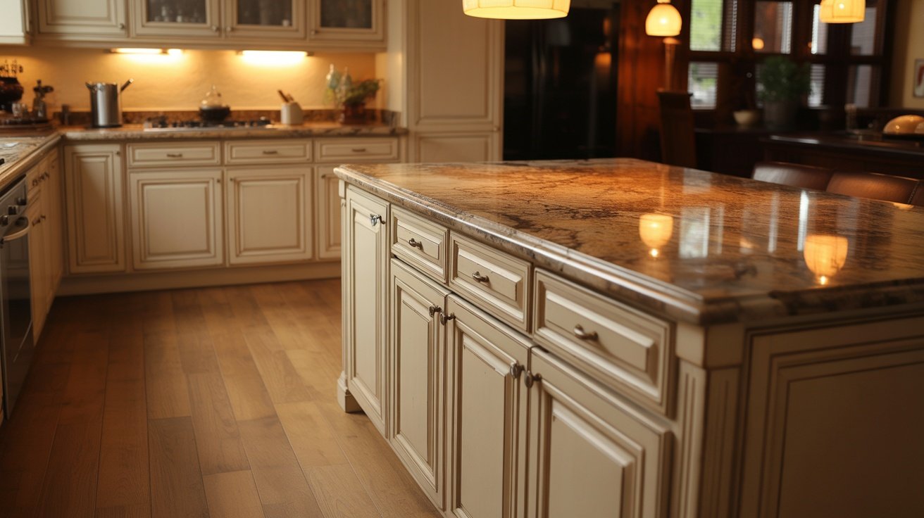 Greek Villa cabinets paired with warm brown granite countertops and natural wood flooring.