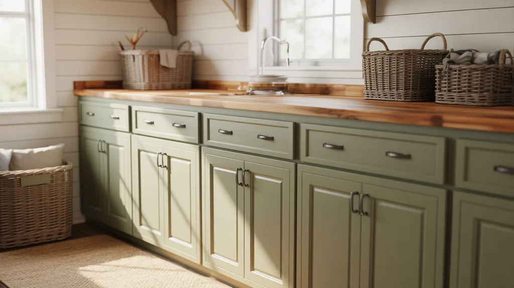 Farmhouse laundry room featuring moss green cabinets and white walls