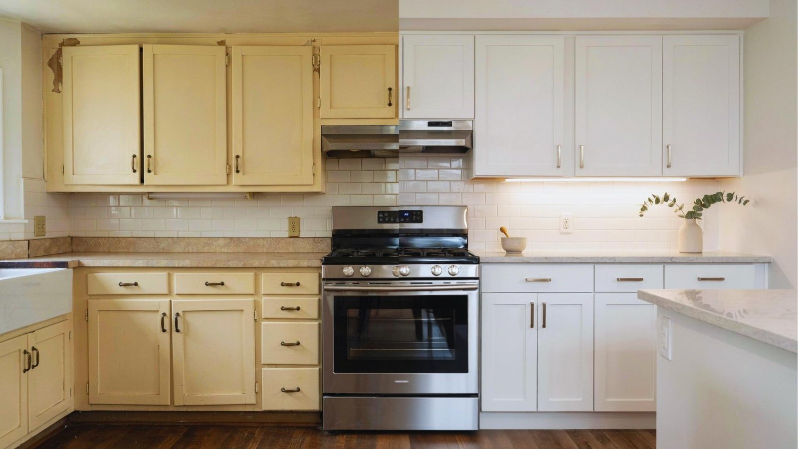 Before and after kitchen cabinet transformation showing old worn cabinets upgraded to clean modern painted finish in bright realistic interior space.