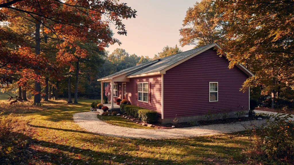 Deep burgundy mobile home with cream trim set against a warm wooded landscape.