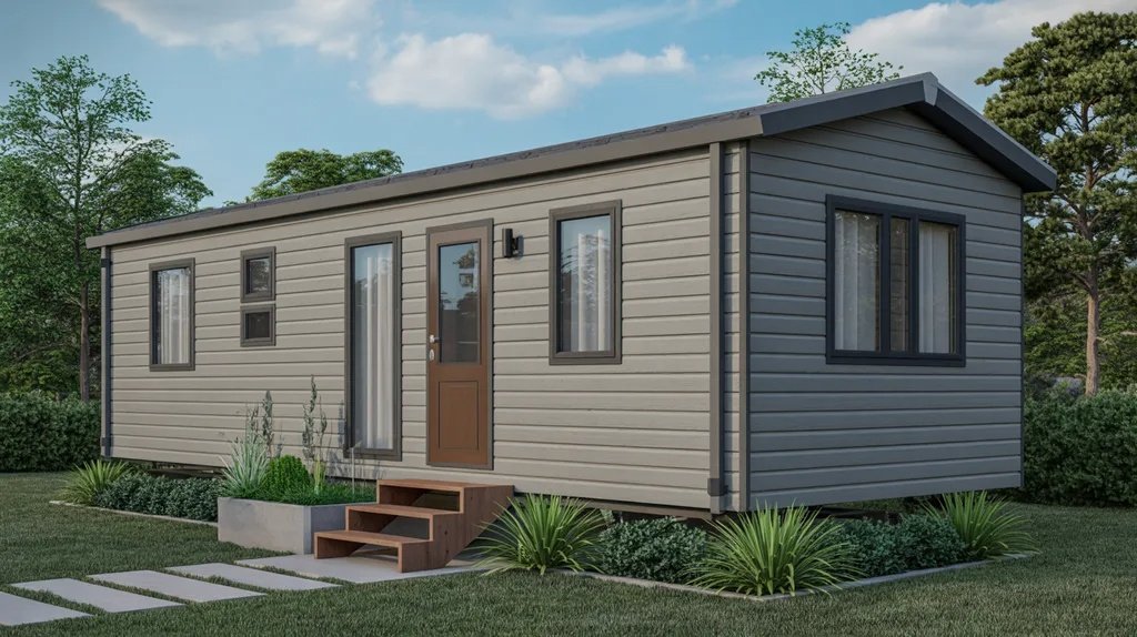Slate grey mobile home with wooden door combining modern and natural design elements.