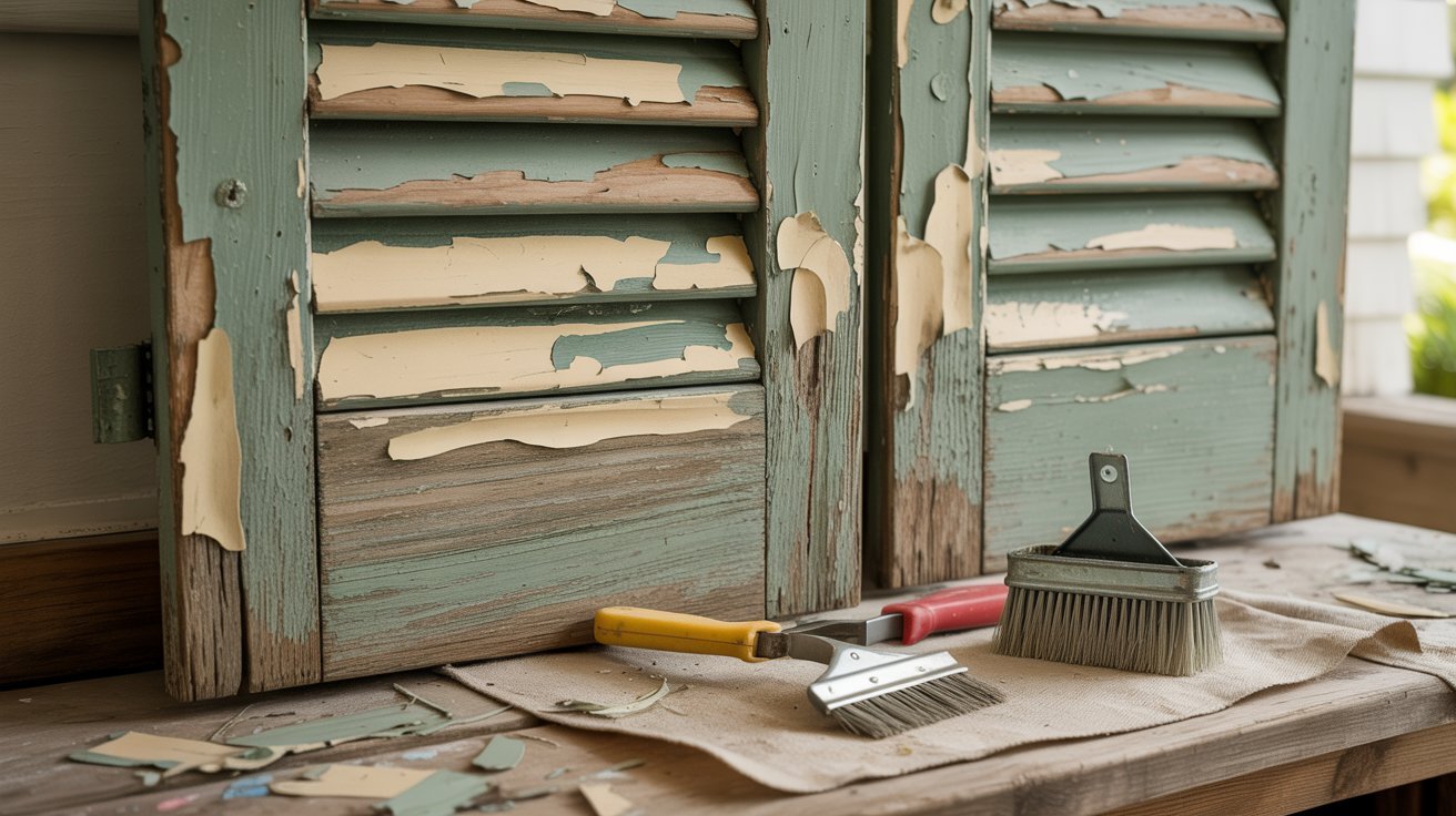 Exterior shutters with peeling paint being prepared for repainting through scraping and surface repair.