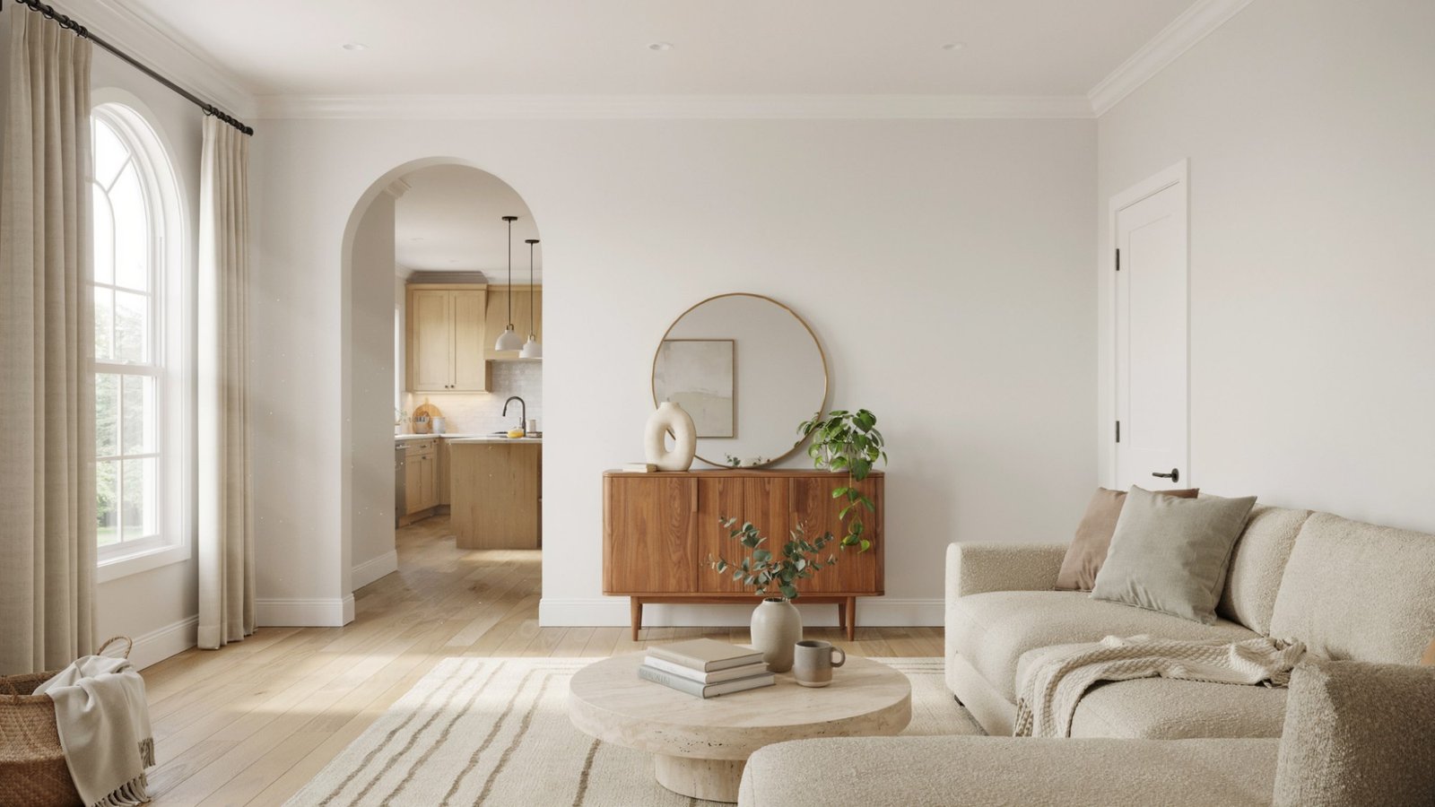 White Dove walls complementing light maple wood flooring