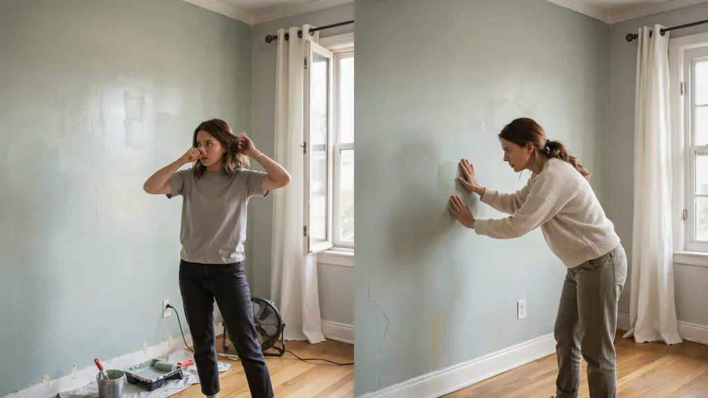 Split-view of a room immediately after painting with exterior paint and the same room months later showing odor concerns and wall finish issues.