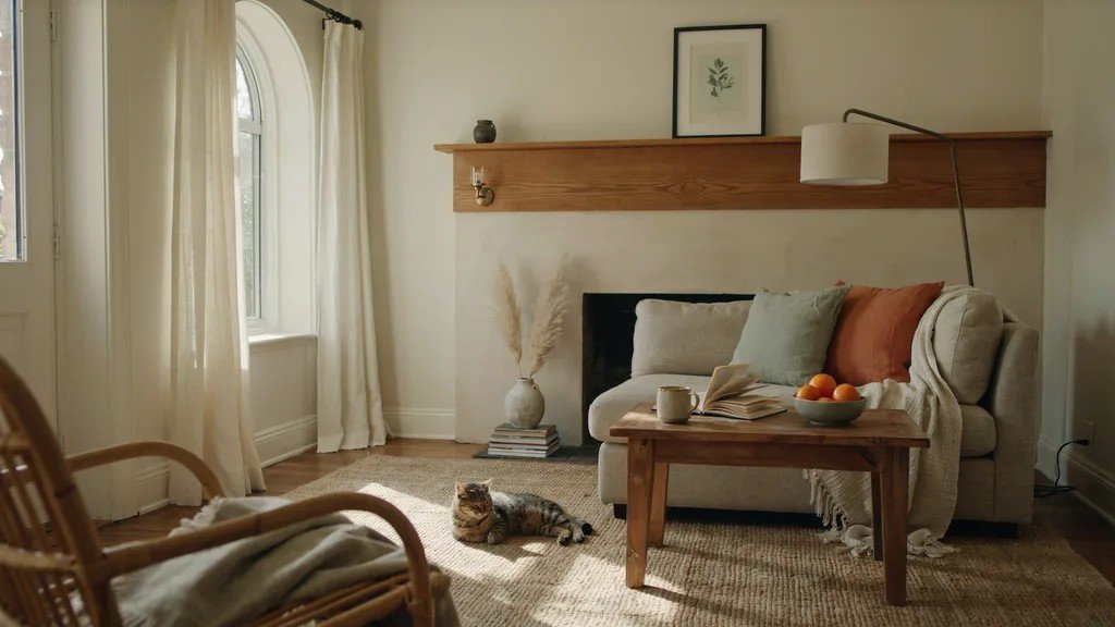 Warm cream fireplace accent wall adding softness and comfort to a cozy living space.
