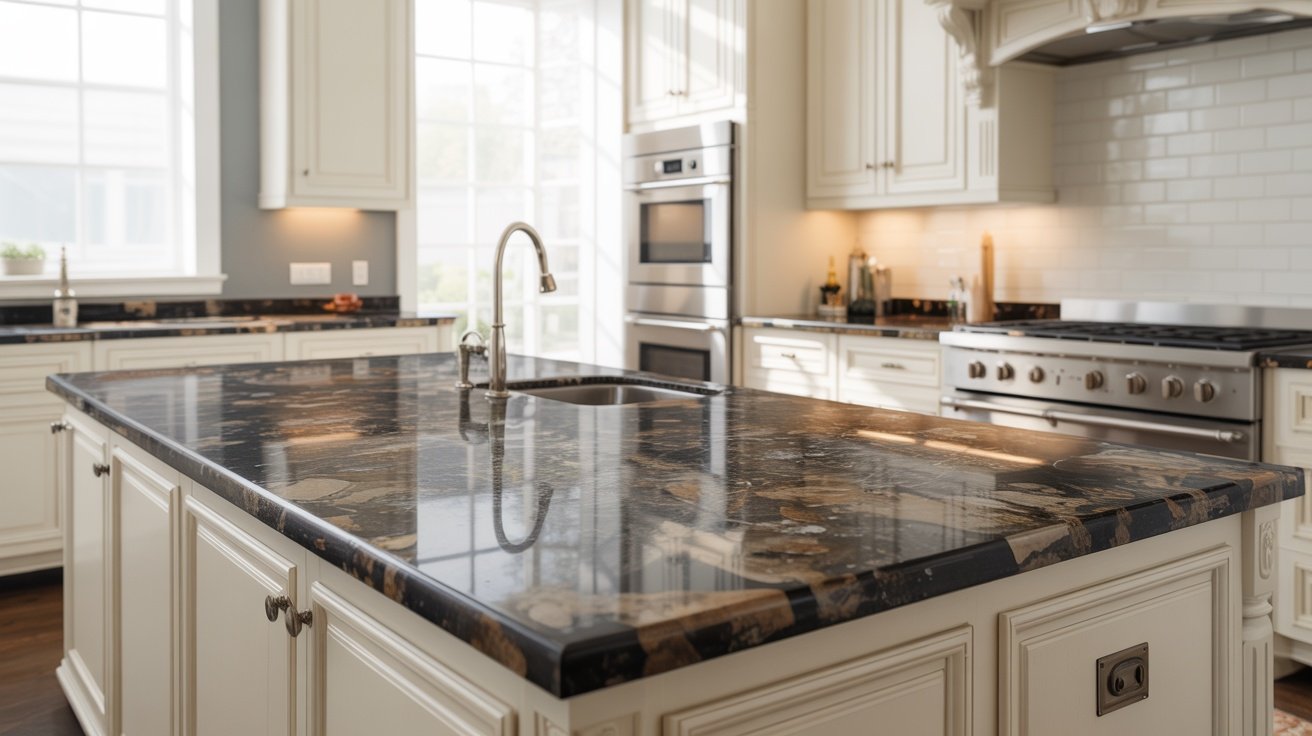 Modern kitchen with Baltic Brown granite countertops and warm white cabinets creating a bright, open look.