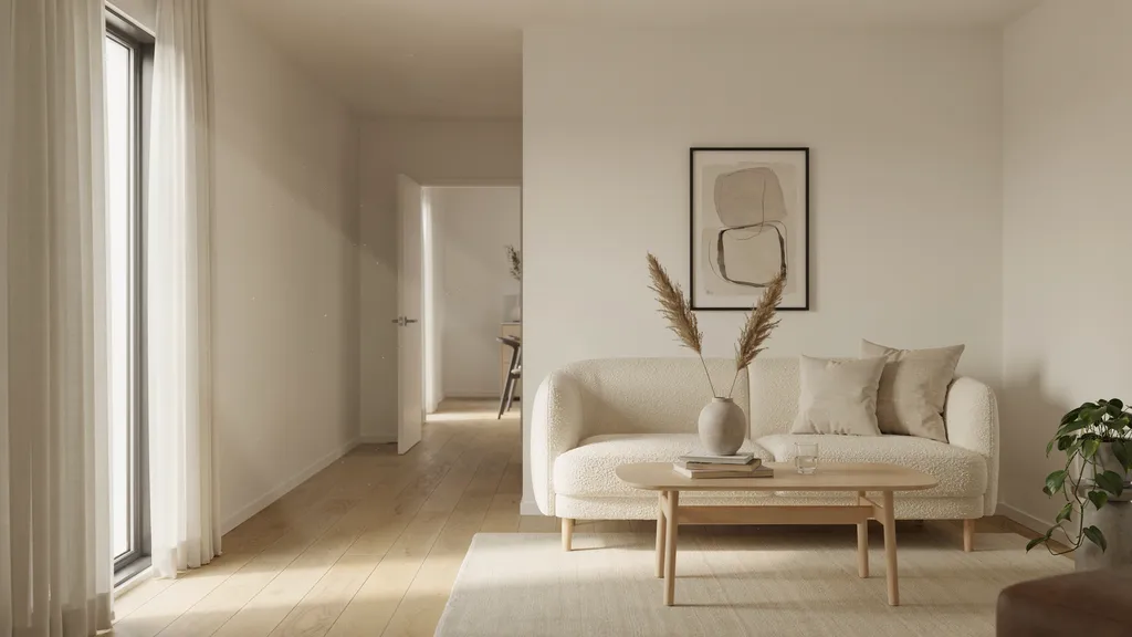 Dark room painted soft white to maximize brightness and openness.