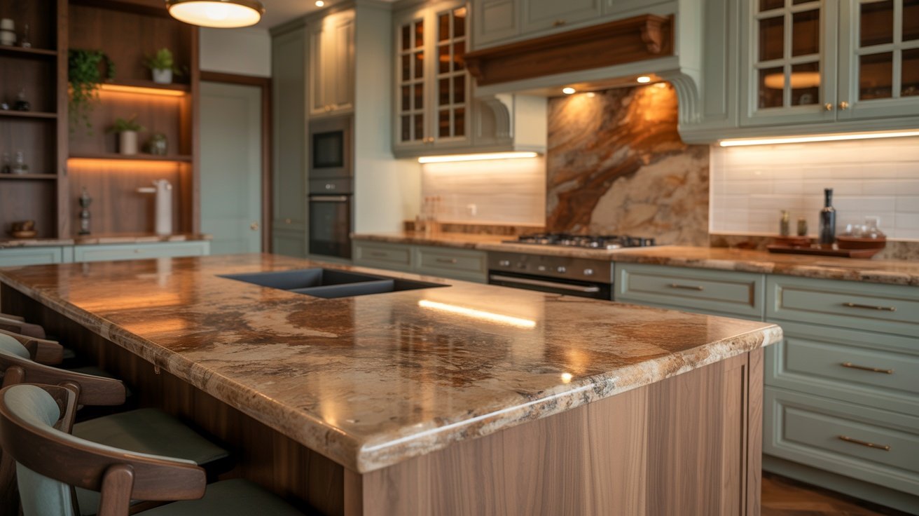 Kitchen featuring Tan Brown granite countertops paired with greige cabinets and sage green accents.