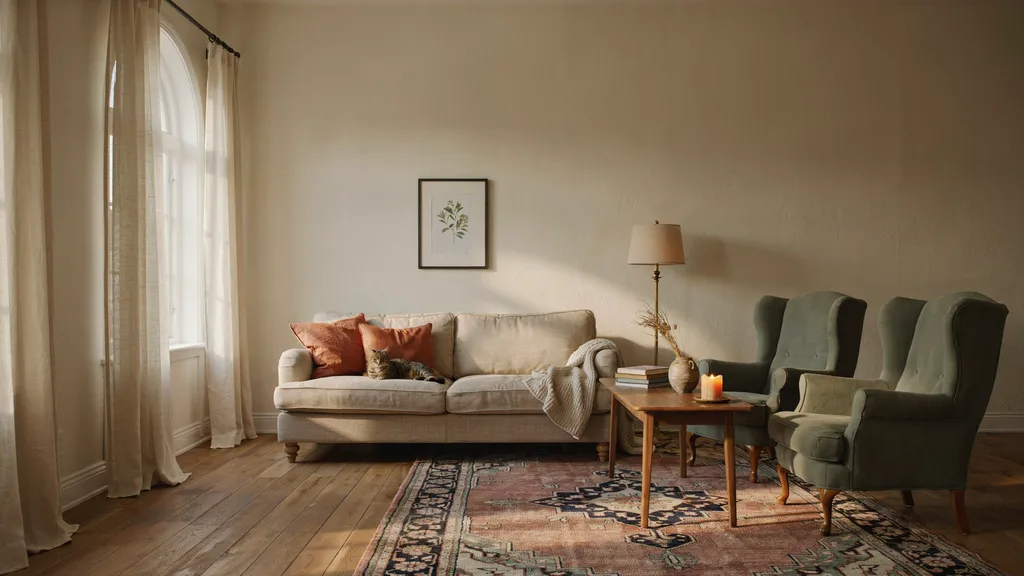 Cream-colored walls helping brighten a low-light interior space.