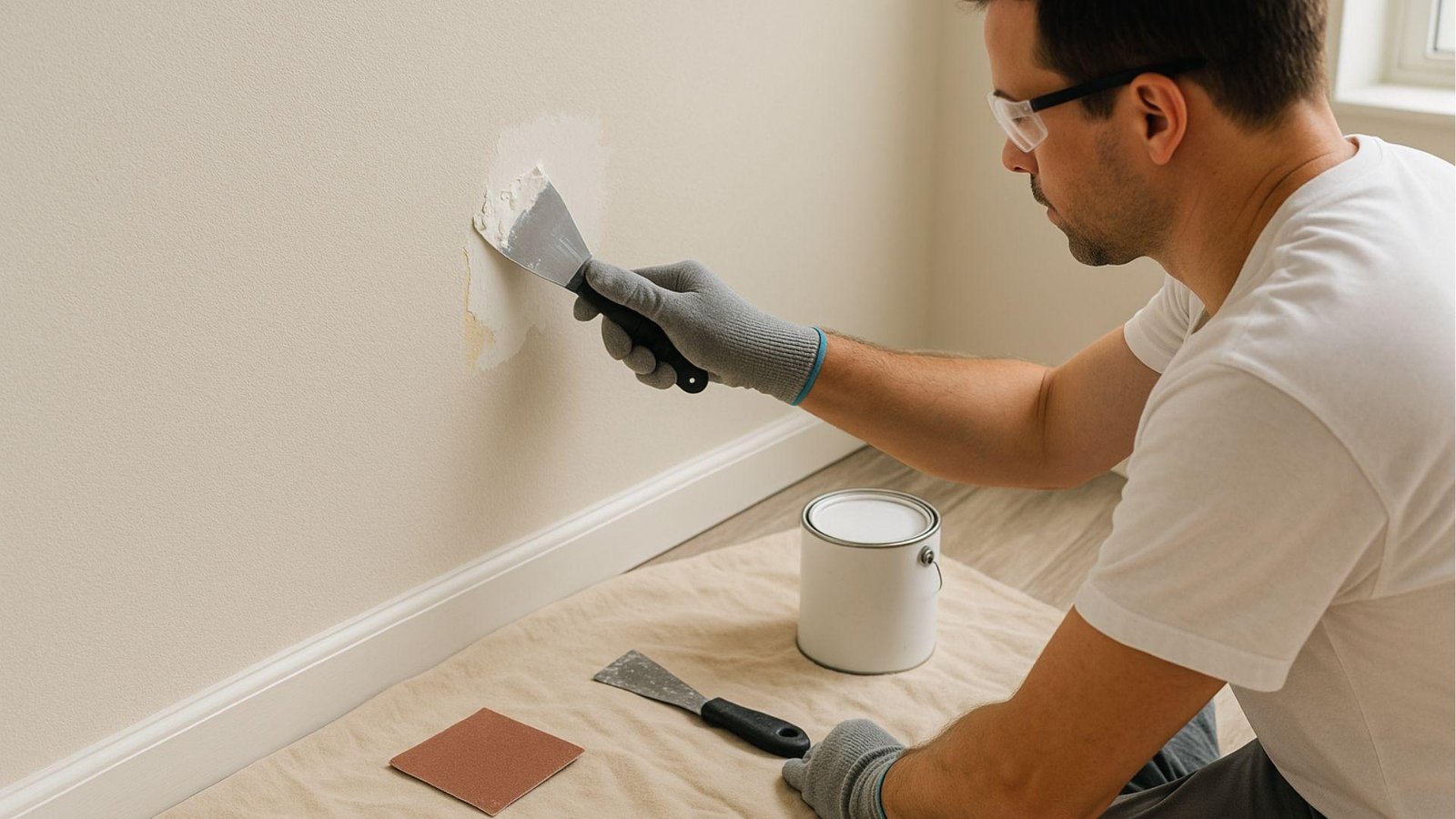 Man wearing gloves patches and sands wall with putty knife to prep surface before taping step