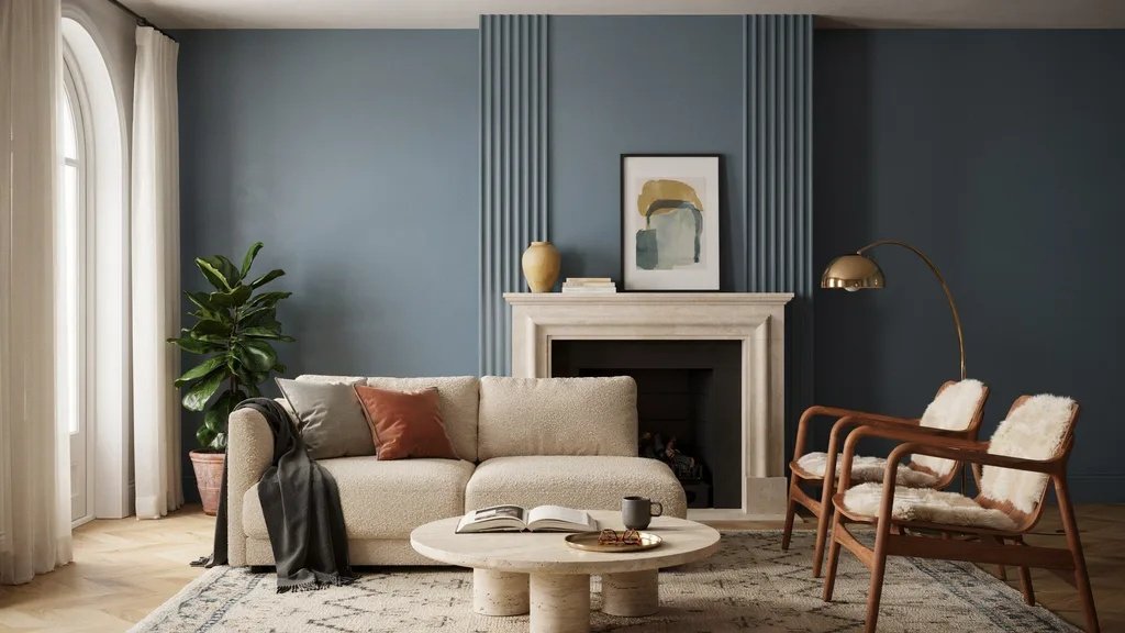 Slate blue fireplace accent wall creating a refined and Rich focal point.