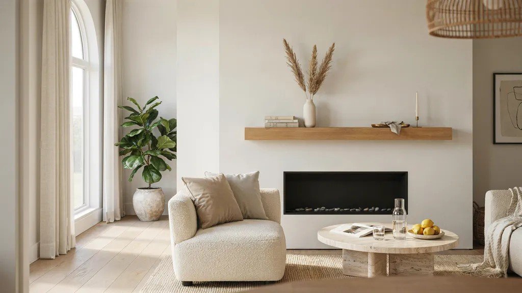 White fireplace accent wall creating a bright, clean, and timeless focal point in the living room.