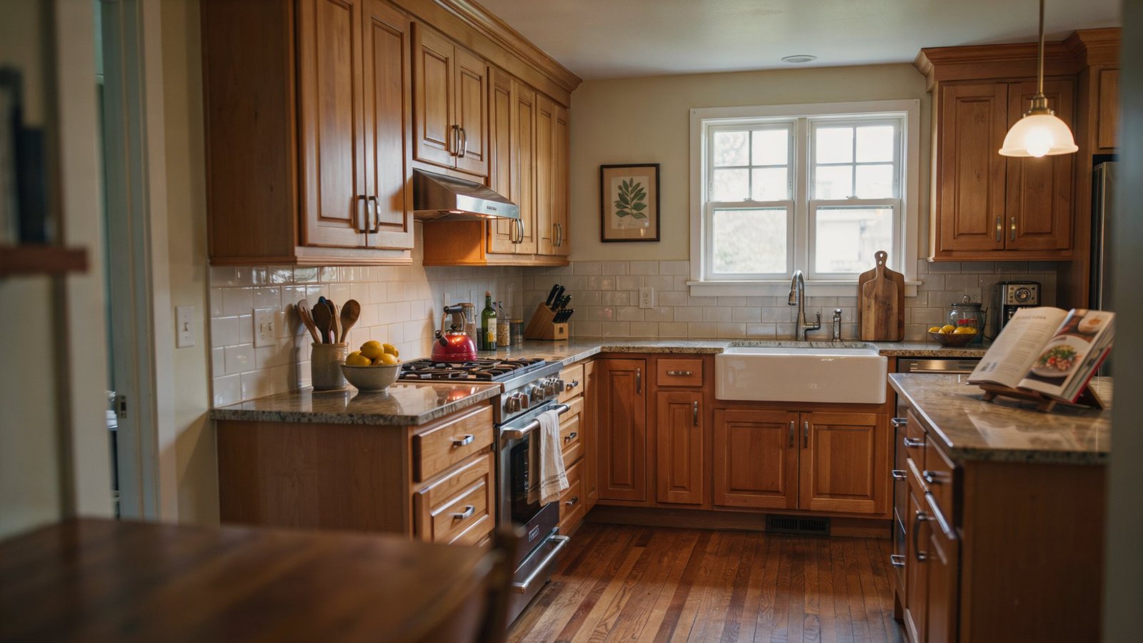 Beige wall paint paired with brown granite countertops.