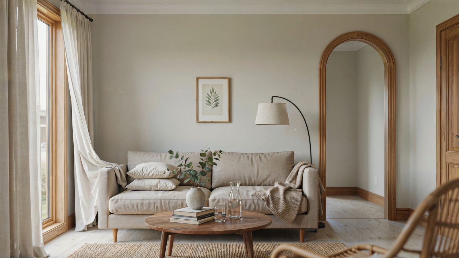 Edgecomb Gray walls and oak trim in a modern home.