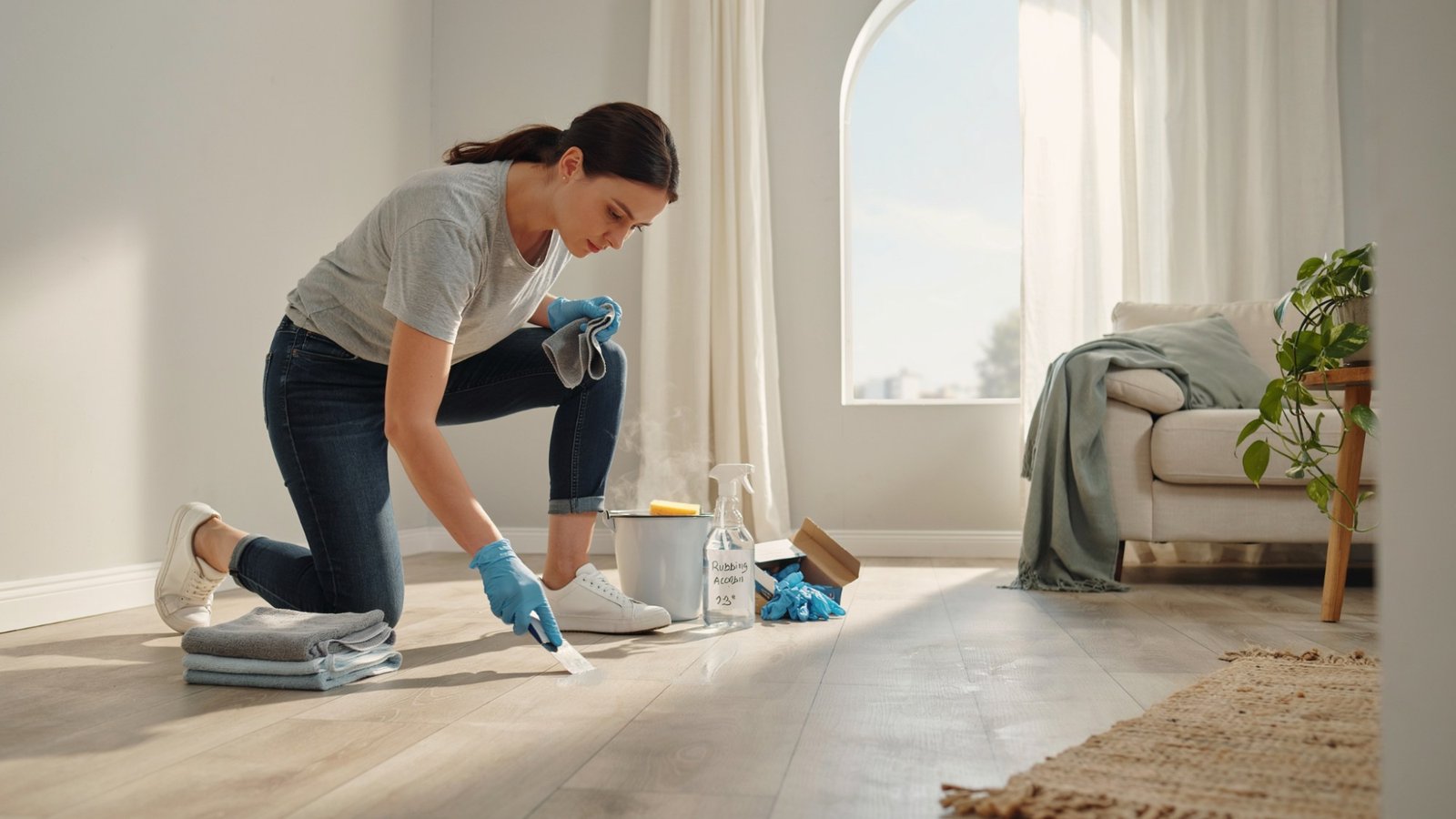 Tools and supplies prepared for removing paint from vinyl flooring.