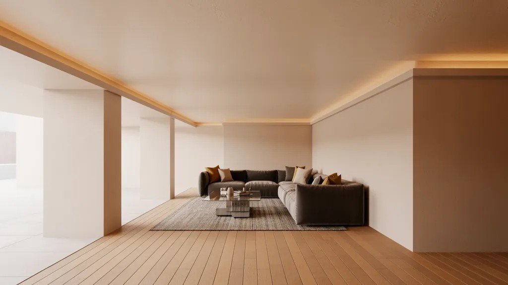 Bright white basement making the space feel larger and more open.
