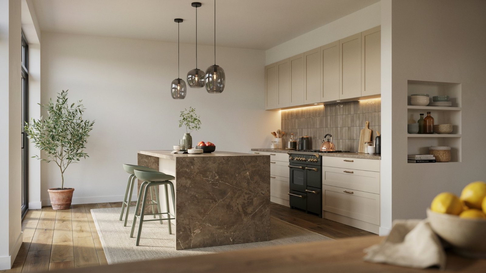 Kitchen with brown granite countertops and various paint color options displayed on the walls.