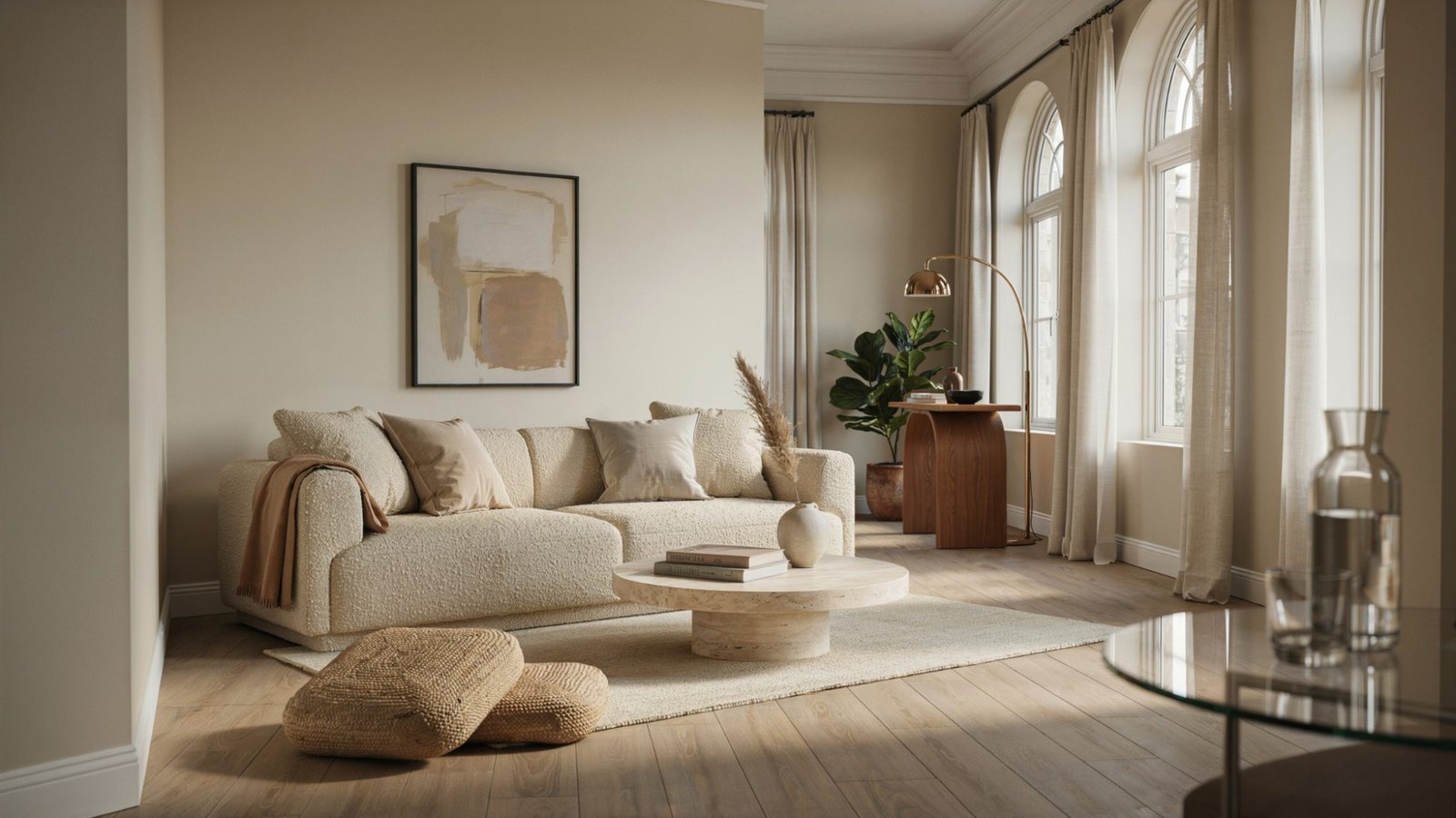 Warm greige walls complementing light oak wood flooring.