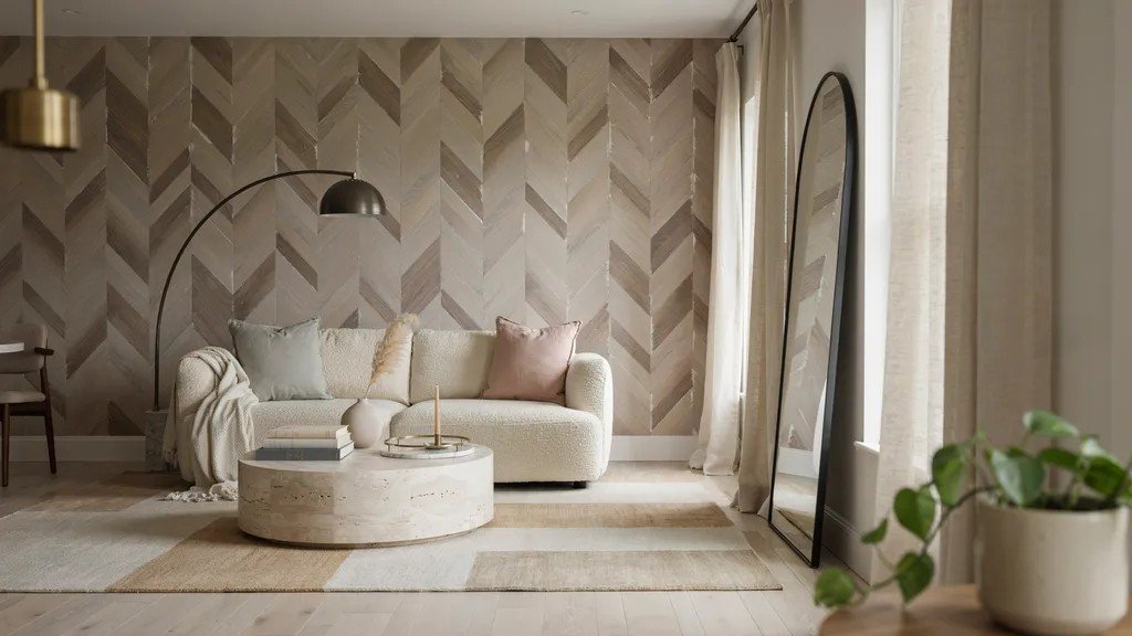Herringbone accent wall painted with crisp angled lines, adding texture and sophistication to the space.