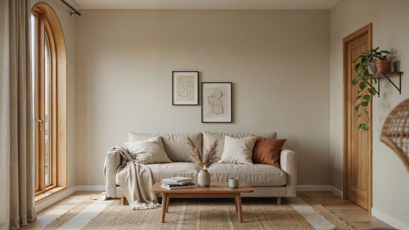 Modern living room with warm greige walls and oak wood trim showing paint colors that complement natural oak.