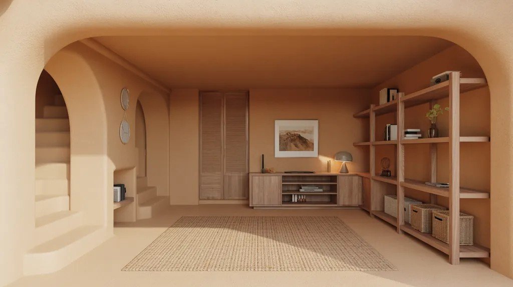 Beige sand basement with earthy warm tones.