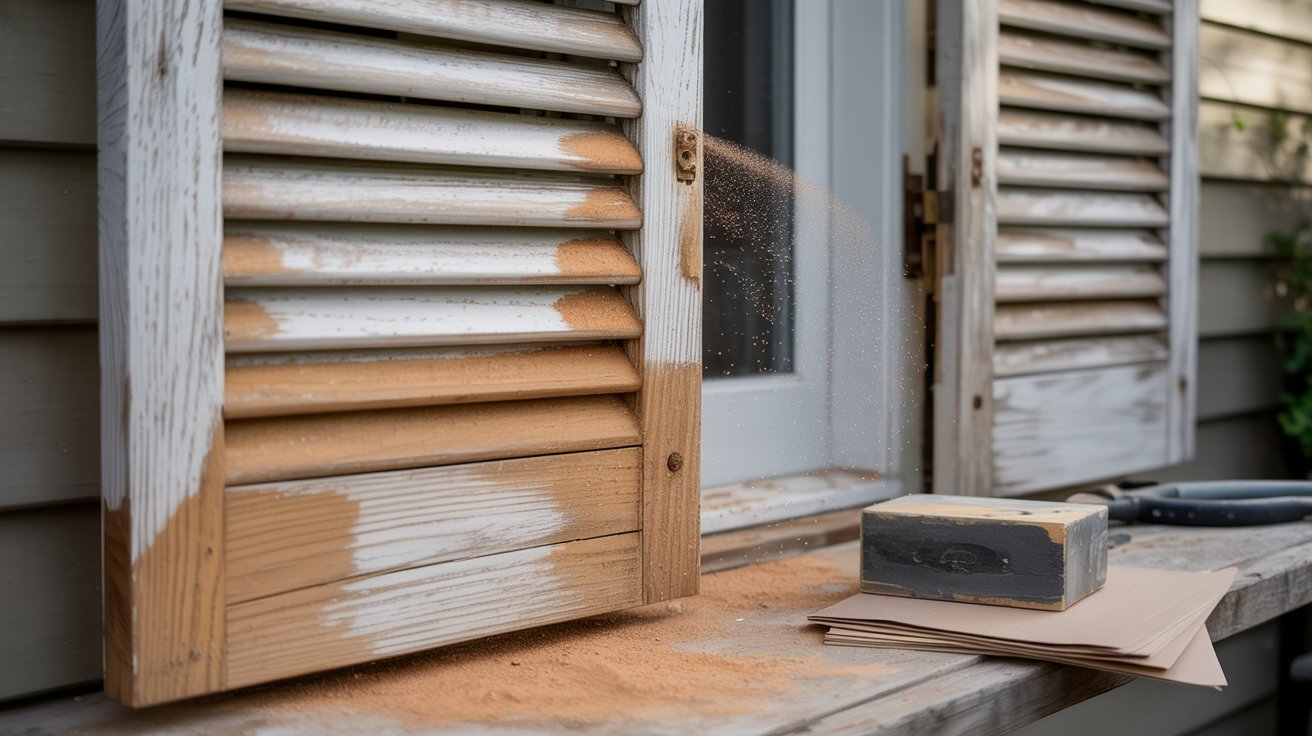 Wooden shutters being sanded to create a smooth surface for better paint adhesion.