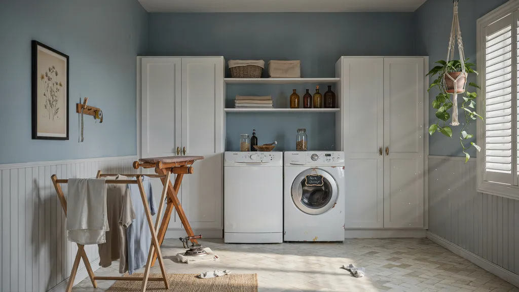 Farmhouse laundry room painted in Smoky Azurite blue