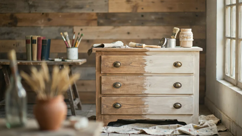 Vintage wooden dresser being distressed with chalk paint in a rustic DIY workshop.
