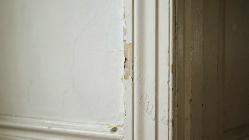 Paint chipping around wall edges due to excessive paint buildup.