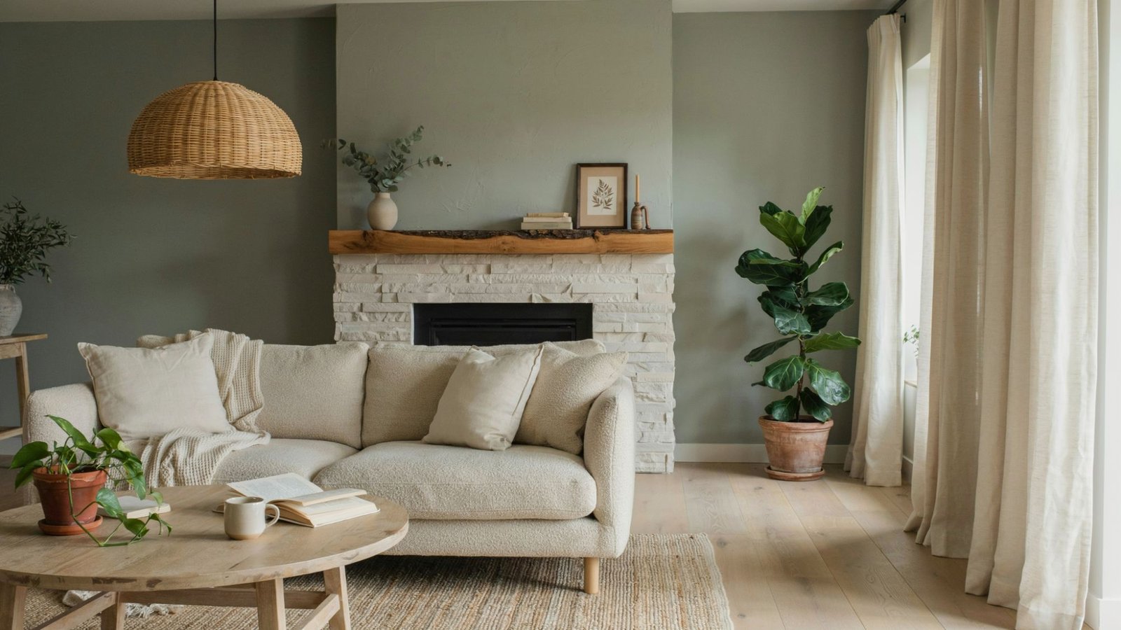 Sage green fireplace accent wall bringing natural color and tranquility indoors.