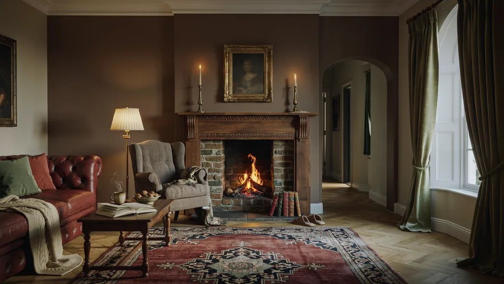 Chocolate brown fireplace accent wall bringing rich warmth and cozy charm.