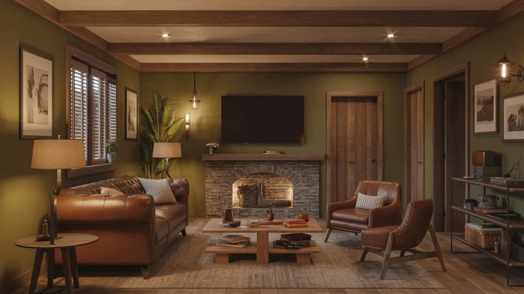 Olive green basement with earthy cozy feel.