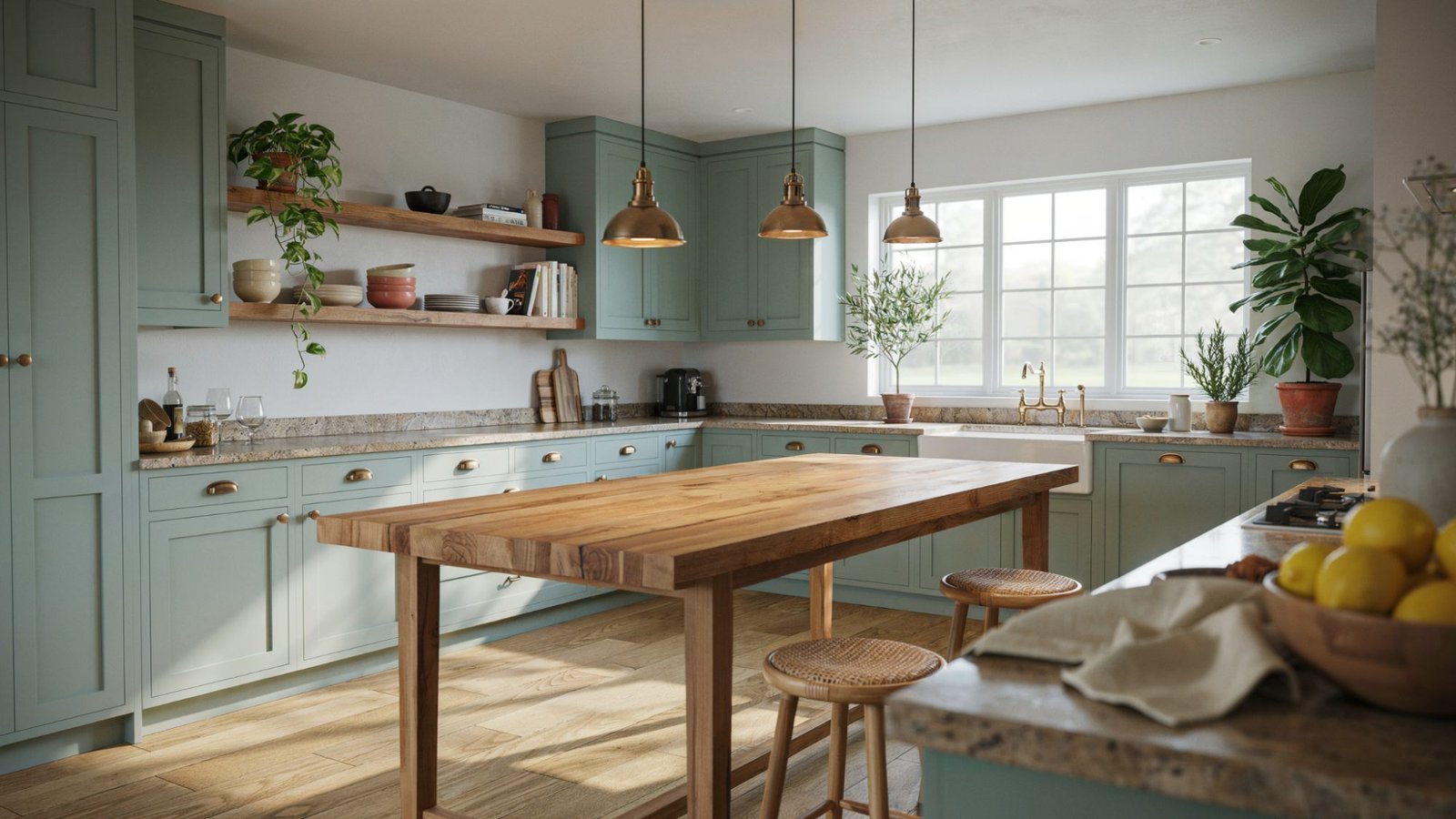 Soft sage green walls paired with brown granite countertops.