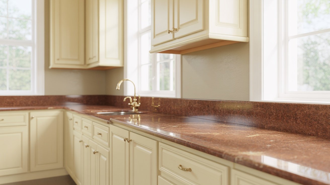 Warm white Alabaster kitchen cabinets paired with brown granite countertops and brass hardware.