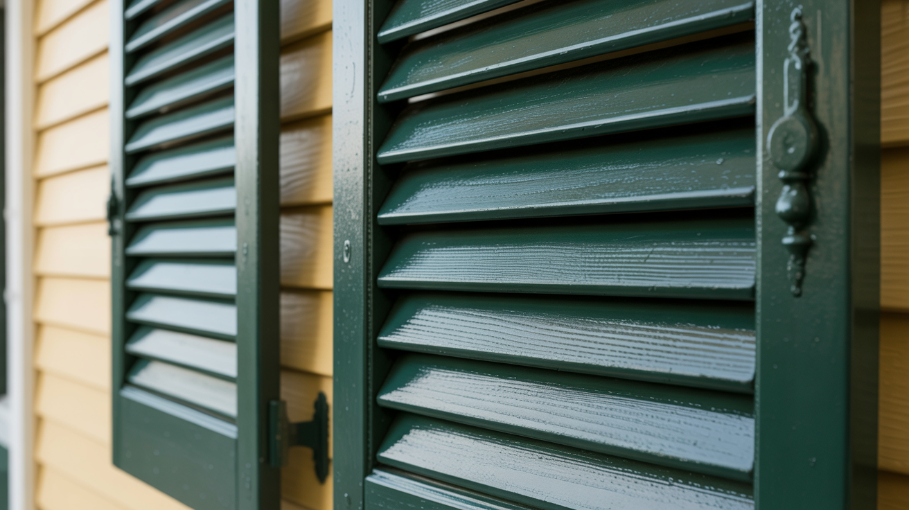 Fresh paint being applied to shutter slats, corners, and edges.