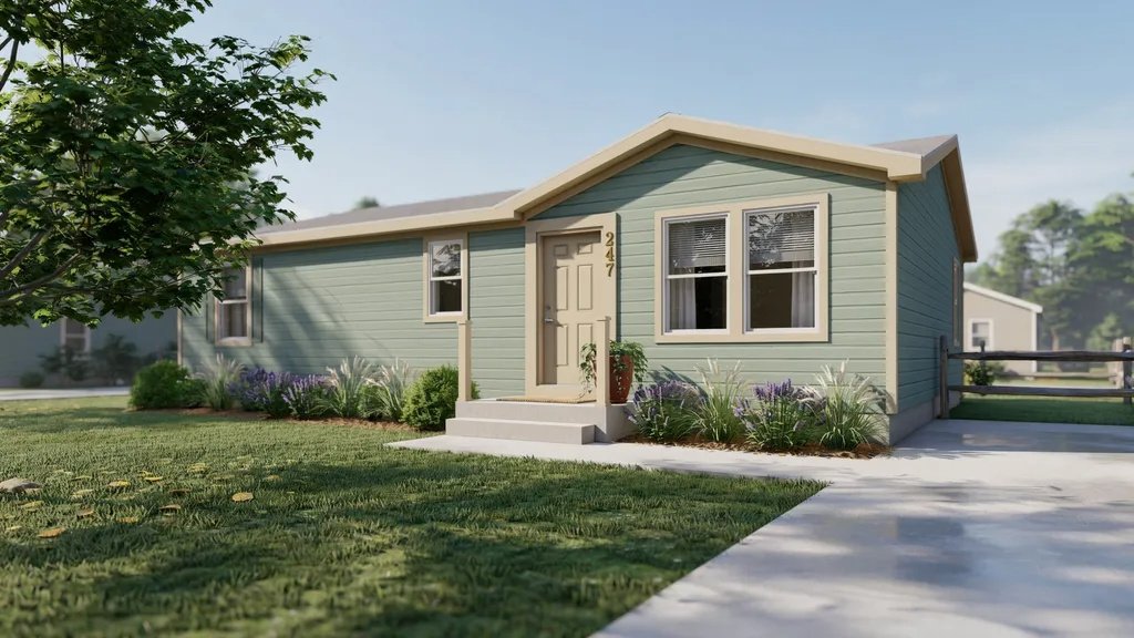 Sage green mobile home with light tan trim creating a calm and natural exterior design.