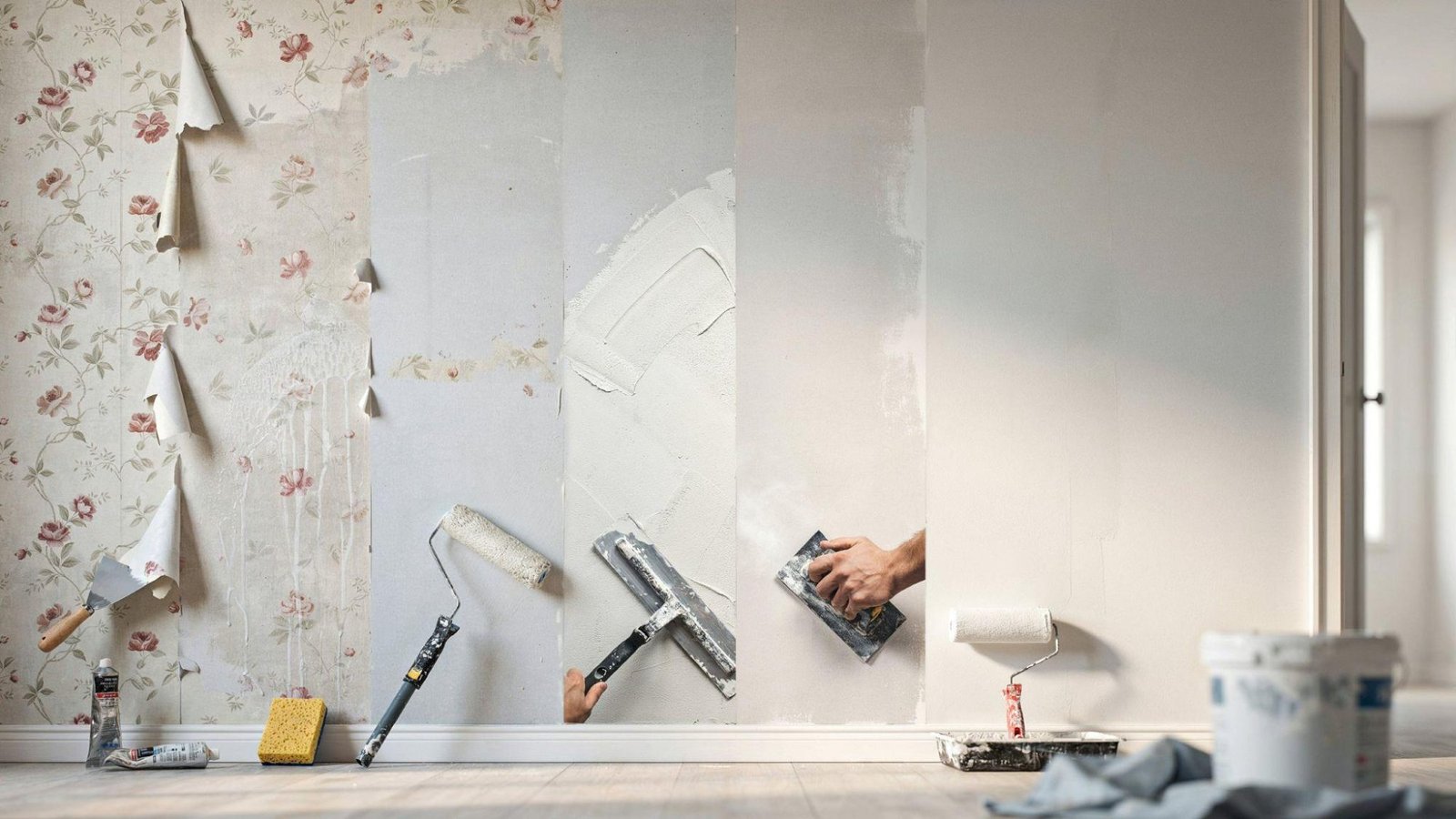 Step-by-step skim coating process over wallpaper from repair and priming to smooth finish