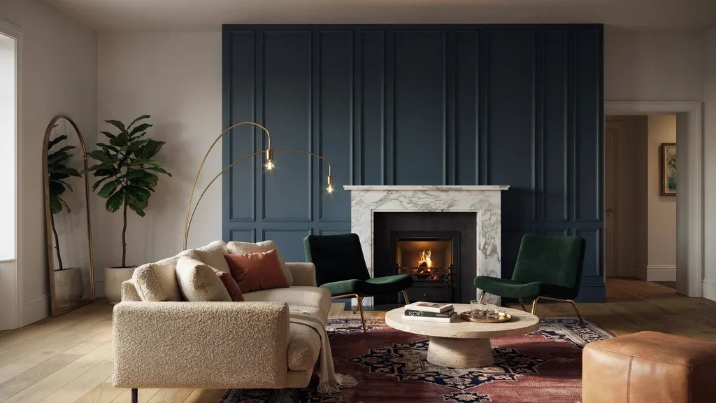 Navy blue fireplace accent wall adding Rich depth and richness to the room.