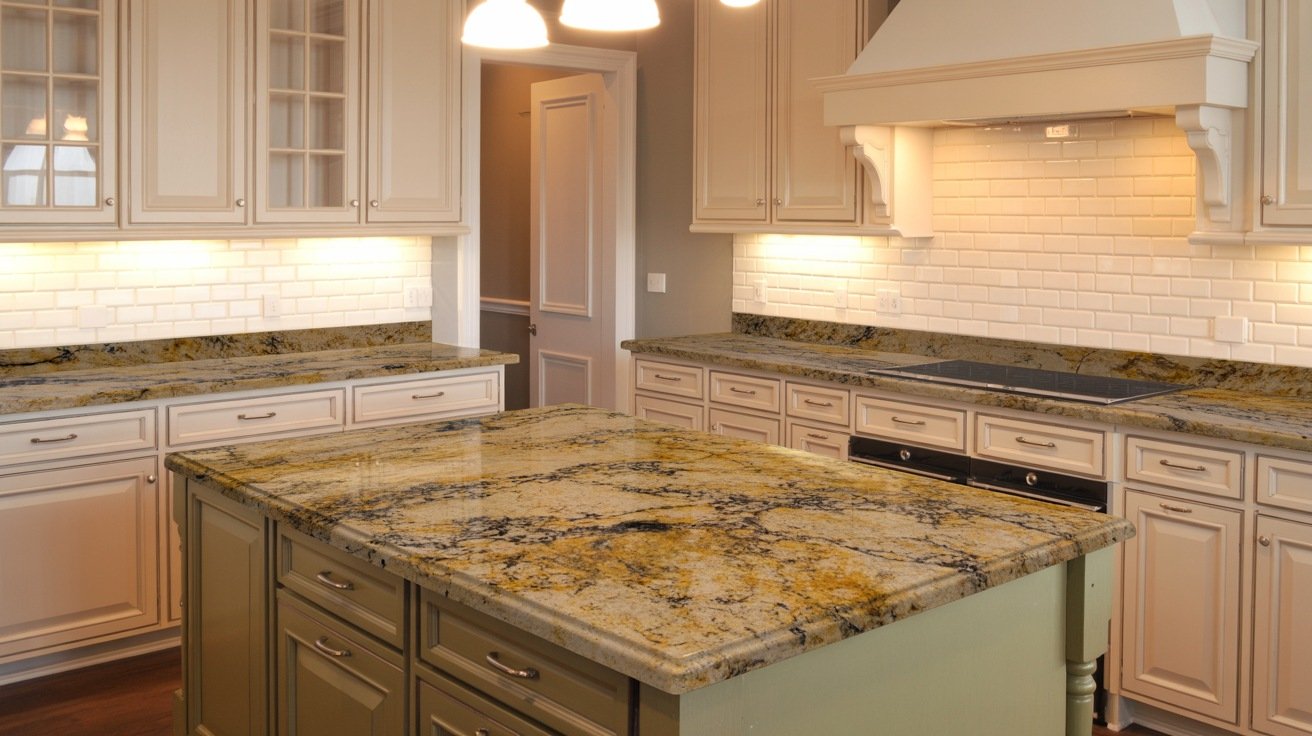 Timeless kitchen with Santa Cecilia granite countertops and cream cabinets creating a warm, balanced design.