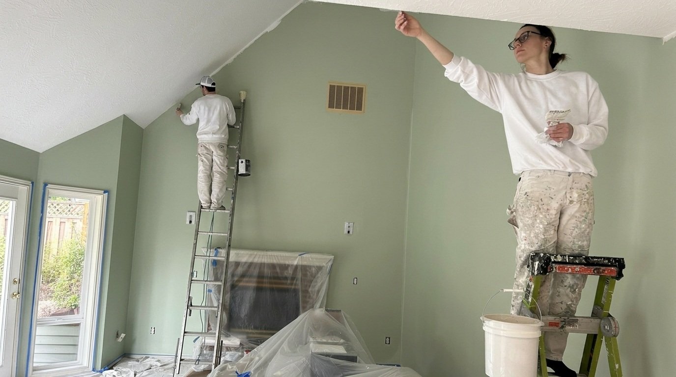 two people one is painting the ceiling and the other painting the wall.