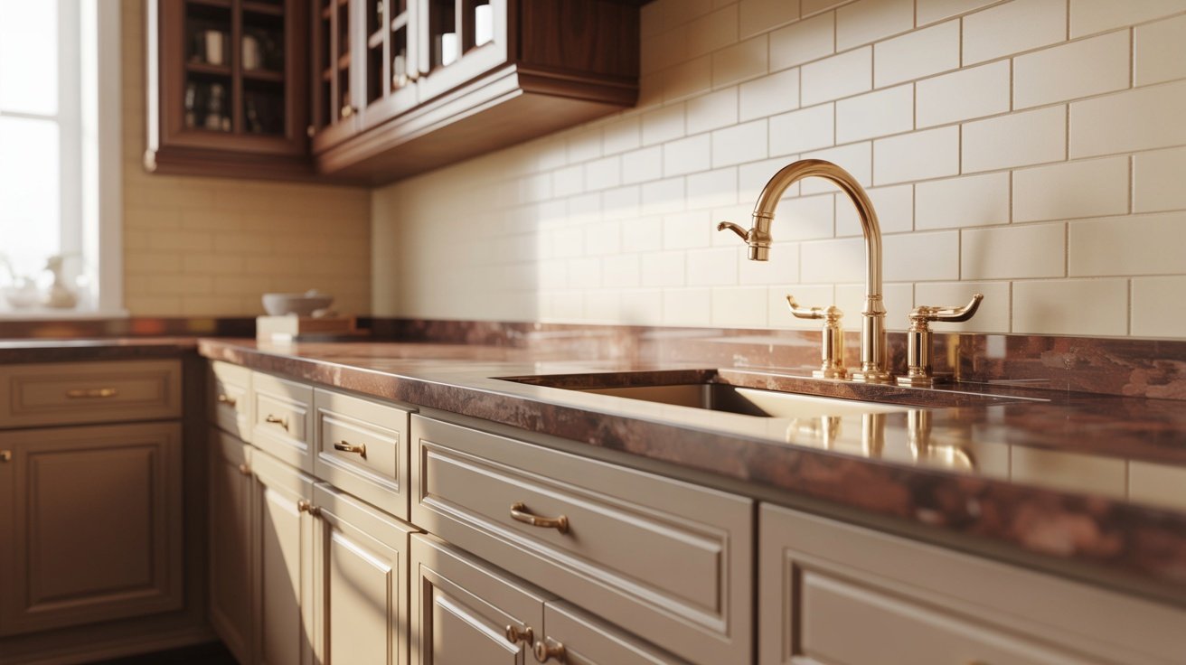 Accessible Beige cabinets paired with brown granite countertops in a neutral kitchen.