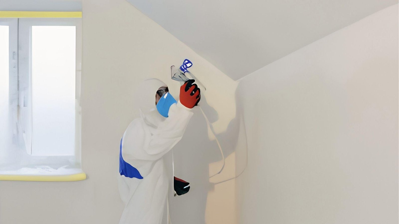Painter in safety suit sprays ceiling too thick, leading to spray paint cracking issues