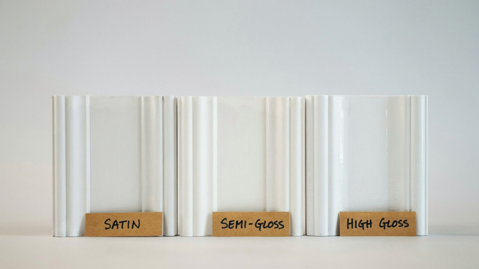 Baseboard samples showing satin semi gloss and high gloss finishes with varying shine levels in clean display.