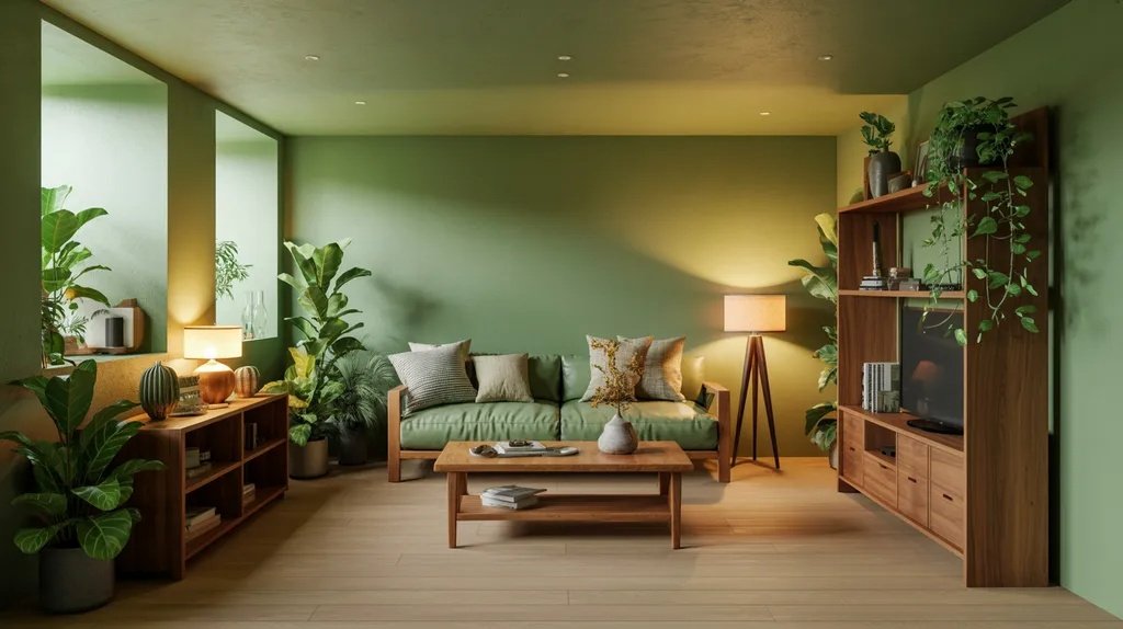 Sage green basement with a calm natural vibe.
