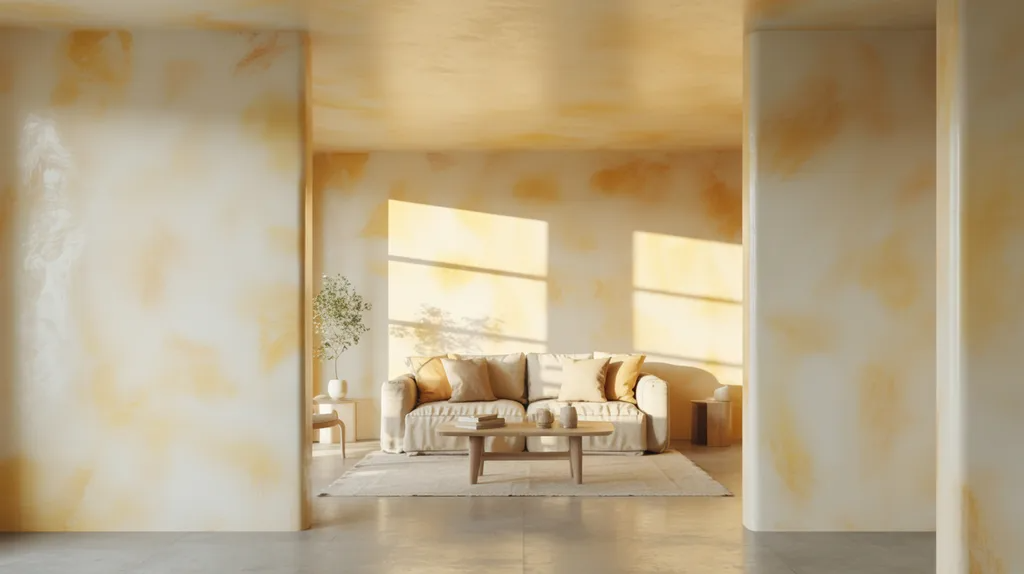 Limewash walls with soft natural texture and warm shifting sunlight.