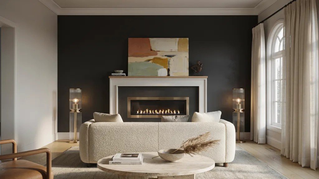 Matte black fireplace accent wall with white trim creating bold architectural contrast.