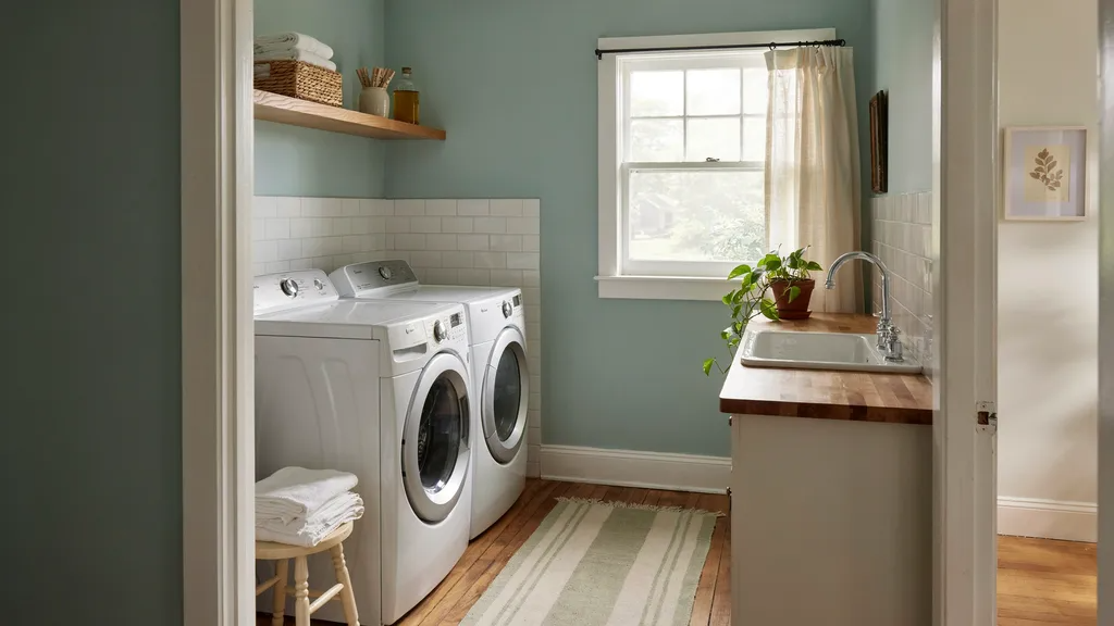 Farmhouse laundry room featuring Waterscape aqua-green paint