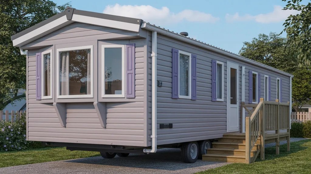 Lavender grey mobile home with white trim creating a soft and unique exterior color scheme.
